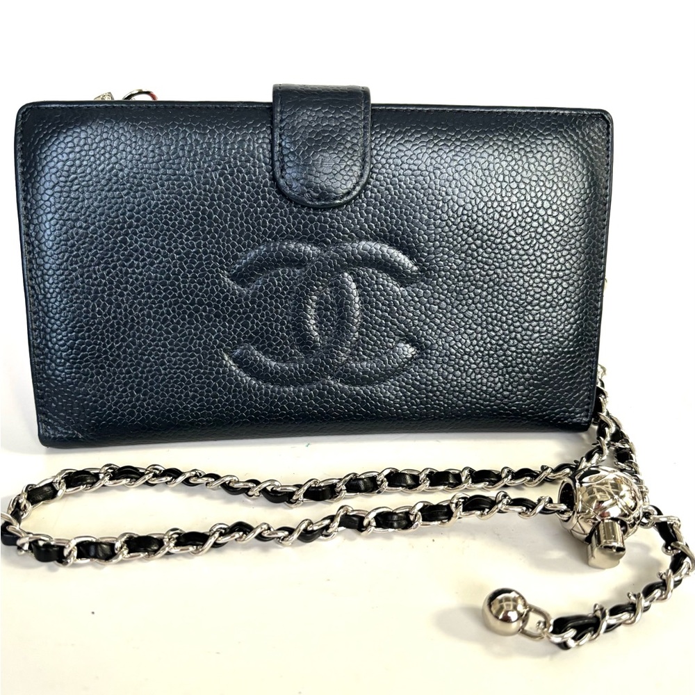 CHANEL Black Caviar Leather CC Wallet with Chain